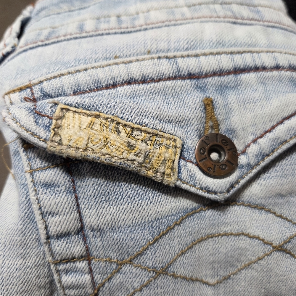 VTG LEI Women's y2k Low Rise Hip Hugger Yellow Flower‎ Stitch Flared Jeans 31x32 - Picture 11 of 16